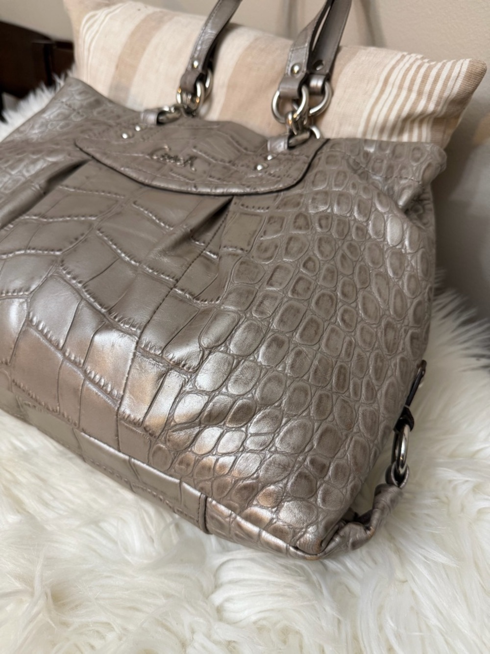 Coach Metallic Silver Croc-Embossed Tote#F20345 - Picture 5 of 15
